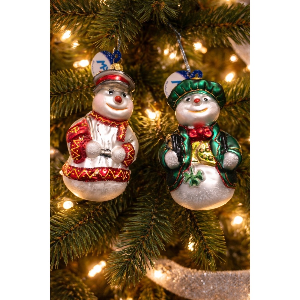 2 Rare‎ VTG Glass Christmas Snowman Ornament Russia & Ireland Handmade In Poland